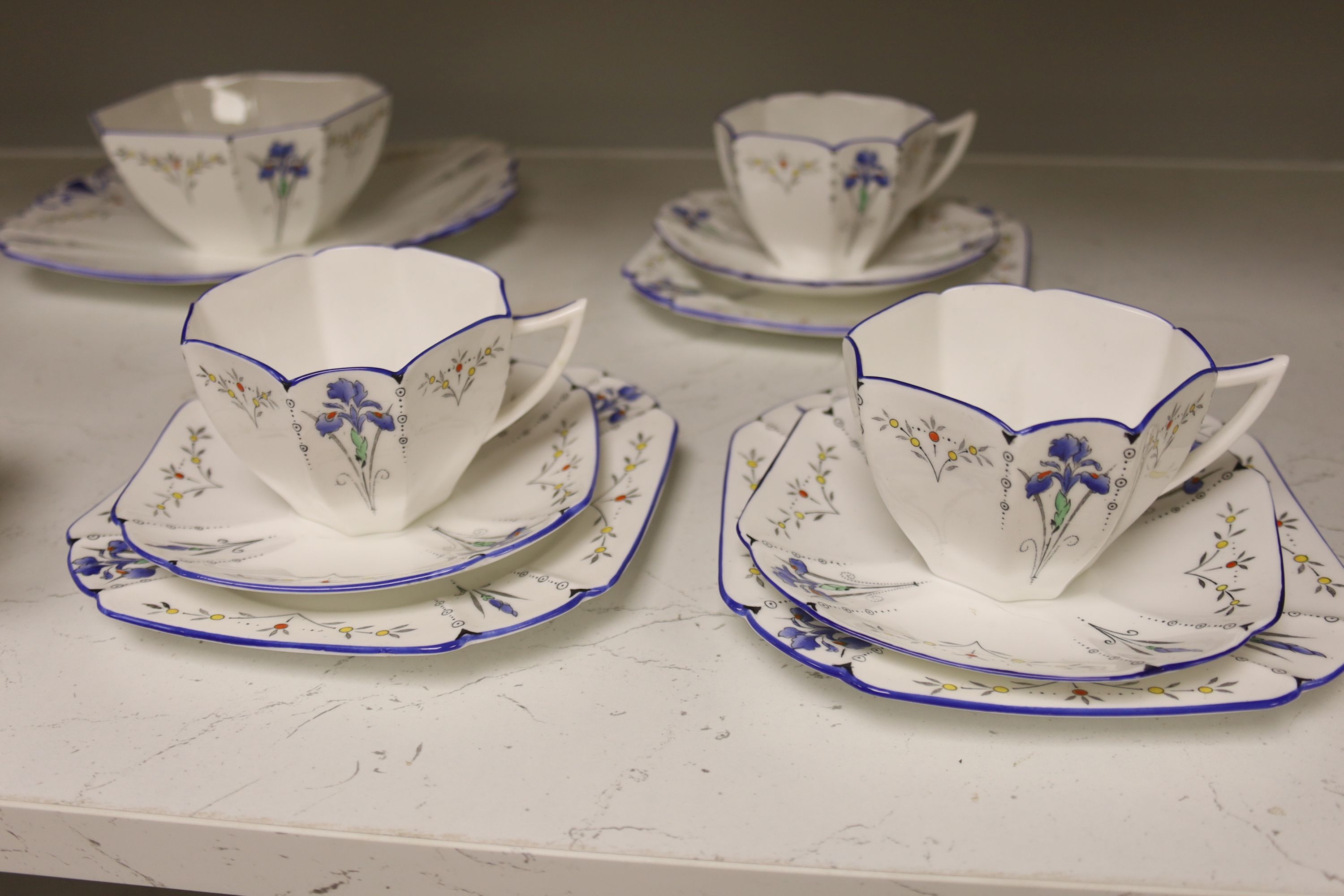 A Shelley Blue Iris pattern Queen Anne shape six piece teaset (21)